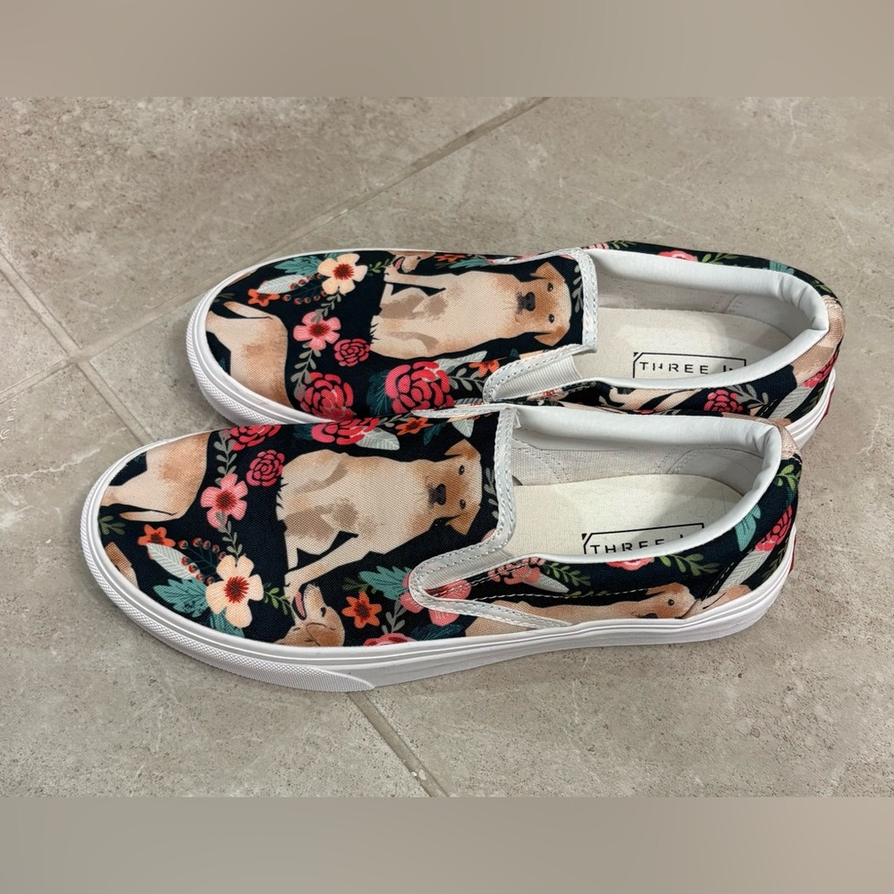 Three In Floral Yellow Dog Slip-On Canvas Sneakers - Black Background Size 9.5